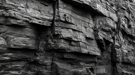 This striking monochrome photograph captures the intricate textures and natural layers of a rugged rock wall, highlighting the beauty of geological formations.の素材
