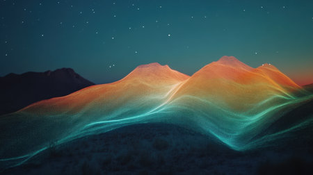 This captivating abstract image showcases glowing mountains illuminated by colorful light patterns under a starlit sky. The serene landscape evokes imagination and tranquility.の素材