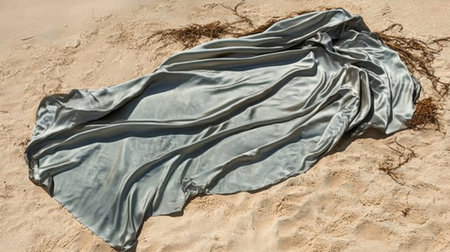 A luxurious satin fabric in a soft hue is artfully draped on warm sand, creating a serene composition that highlights natural textures.の素材