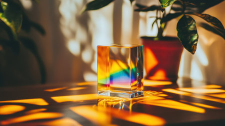 A striking prism placed on a wooden table captures sunlight, creating vibrant rainbows and intricate shadows, enhancing the serene indoor atmosphere.の素材