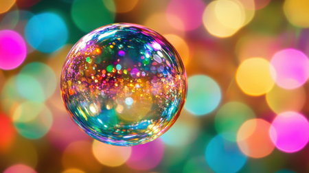 A vibrant soap bubble floats against a backdrop of colorful bokeh lights, creating a magical and joyful atmosphere perfect for festive themes.の素材