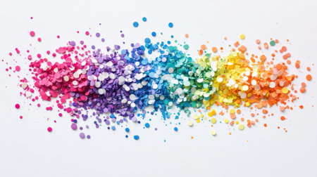 This vibrant image showcases a beautiful arrangement of colorful confetti in a rainbow pattern on a clean white background, perfect for festive themes.の素材