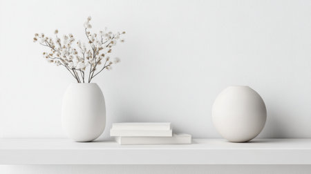 This image showcases a stylish minimalist interior featuring white vases with delicate flowers and neatly stacked books on a shelf, exuding tranquility and modern elegance.の素材