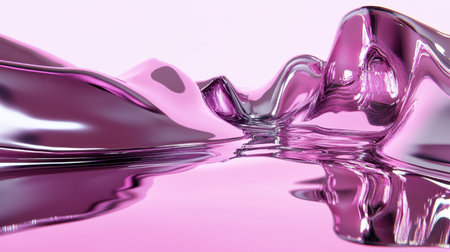 This image features abstract fluid shapes in soft pink and glossy purple tones, creating a luxurious and tranquil atmosphere. The reflections enhance the artistic patterns, making it an ideal visual for modern designs and creative projects.の素材