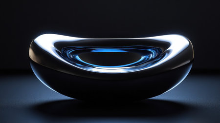This image showcases a futuristic abstract sculpture with smooth curves and reflective surfaces, creating a striking visual effect in minimal light.の素材