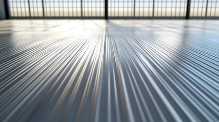 Captivating view of a glossy metallic floor capturing light reflections in a modern interior, creating a serene and elegant atmosphere.の素材