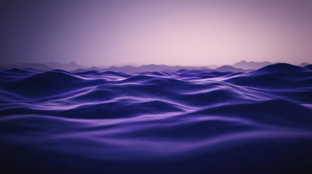 A breathtaking view of serene waves in rich shades of purple under a soft twilight sky, creating a tranquil and peaceful atmosphere for relaxation.の素材
