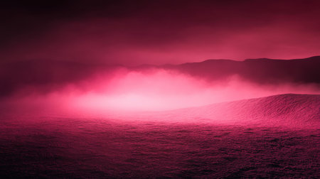 This stunning image showcases an ethereal landscape enveloped in pink mist and soft fog, creating a surreal and dreamy atmosphere perfect for artistic projects.の素材