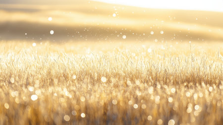 This captivating image captures the beauty of golden grass illuminated by warm sunlight, adorned with glistening dew drops, evoking a serene and tranquil atmosphere.の素材