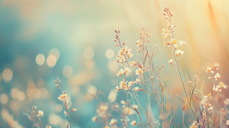 This image showcases delicate wildflowers bathed in soft sunlight during a serene sunset. The warm pastel colors and bokeh effect create a tranquil atmosphere perfect for nature themes.の素材