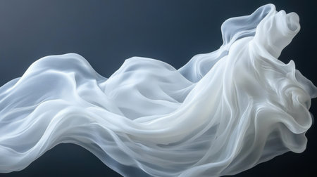 This visually stunning image captures the ethereal flow of a wispy white fabric, creating an abstract and dreamy composition against a dark background.の素材