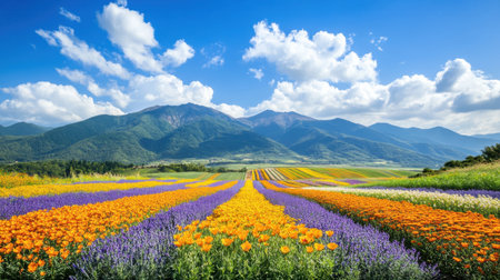 A stunning view of a vibrant flower field showcasing a mix of orange and purple blooms under a clear blue sky with majestic mountains in the background.の素材