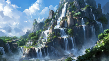 Experience the beauty of nature with stunning cascading waterfalls flowing down a vibrant mountain landscape, surrounded by lush greenery and clear blue skies.の素材