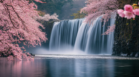 This stunning image captures a majestic waterfall surrounded by vibrant cherry blossoms, embodying a tranquil spring landscape. The reflective water enhances the serene ambiance.の素材