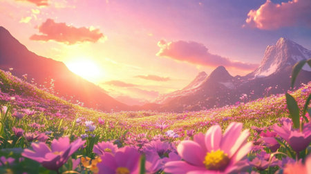 Experience the beauty of a vibrant sunset over a flower-filled meadow, framed by majestic mountains. This serene landscape captures nature's artistry and tranquility.の素材
