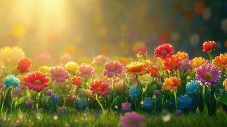 A stunning scene featuring vibrant flowers blooming in an idyllic garden, illuminated by warm sunlight and adorned with delicate dewdrops, evoking serene beauty.の素材