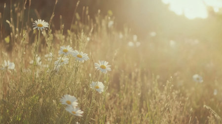 A beautiful scene capturing a sunlit meadow with white daisies blooming in a golden field, radiating warmth and tranquility. Perfect for nature lovers.の素材