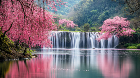 Experience the beauty of a serene waterfall framed by vibrant cherry blossom trees, reflecting on still waters amidst a peaceful landscape.の素材