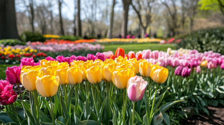 A stunning display of vibrant tulips showcases a variety of colors in a public garden, embodying the essence of spring with lush greenery and bright sunlight.の素材
