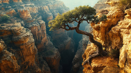 A stunning solitary tree stands proudly on the edge of a rocky canyon, showcasing the breathtaking beauty of nature's landscape. The warm sunlight illuminates the cliffs, creating a serene atmosphere perfect for exploring wild terrains.の素材