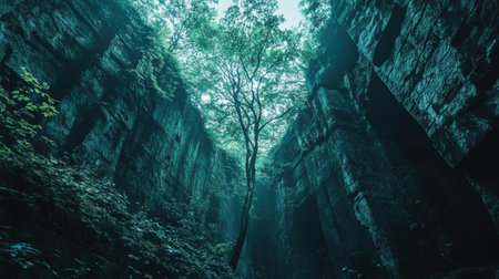 Explore a breathtaking forest landscape featuring a tall tree amidst rocky canyons, enveloped in a peaceful mist and surrounded by lush greenery.の素材