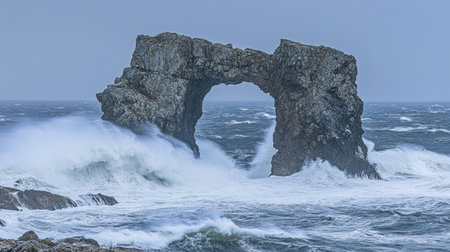 A striking coastal scene featuring a rocky arch amidst turbulent ocean waves and stormy skies, encapsulating nature's raw beauty and power.の素材