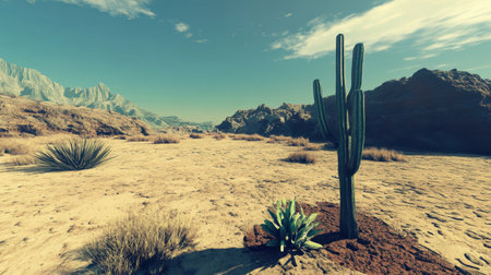 This captivating desert scene features a solitary cactus amidst a vast landscape of sandy terrain and rugged mountains. The clear blue sky enhances the serene and tranquil atmosphere, making it an ideal representation of arid wilderness.の素材