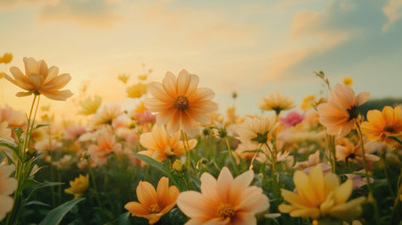 A stunning scene featuring a field filled with blooming flowers in warm hues of orange and yellow, illuminated by a glowing sunset sky.の素材