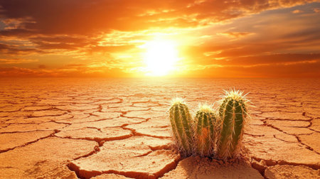 A stunning cactus stands resilient on cracked earth against a vibrant sunset, capturing the essence of arid beauty and survival in nature.の素材