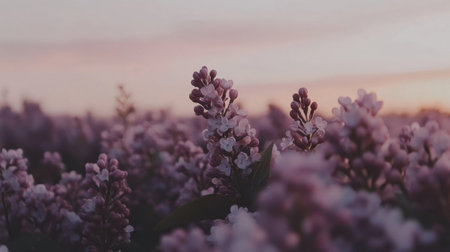 A stunning capture of lilac flowers in full bloom during a tranquil sunset, showcasing soft purple and pink hues that create a serene atmosphere.の素材