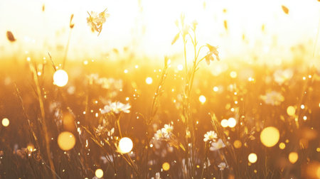 A stunning view of a wildflower field illuminated by the warm glow of a golden sunrise. Soft light creates a magical bokeh effect, enhancing the serene atmosphere.の素材