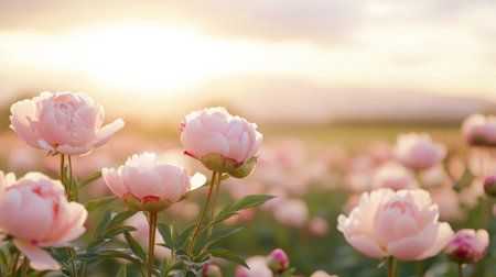 A breathtaking view of soft pink peonies blooming in a sunlit field at sunset, capturing the essence of tranquility and natural beauty.の素材