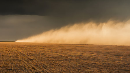 A stunning display of nature unfolds as a dust storm sweeps across expansive fields under a moody sky, capturing the essence of rural landscapes and atmospheric changes.の素材
