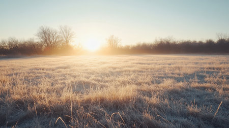 A serene winter sunrise casts a warm glow over a frosted field, showcasing the tranquil beauty of nature with bare trees silhouetted against the morning sky.の素材