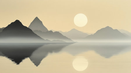 A serene and tranquil landscape featuring distant mountains silhouetted against a soft pastel sunset. The still water reflects the calming scenery, creating a peaceful atmosphere. Ideal for relaxation themes and minimalist art.の素材
