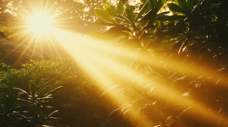 Captivating sunlight filters through lush green leaves, creating a serene atmosphere in a beautiful natural setting. This image captures the warmth and tranquility of nature.の素材