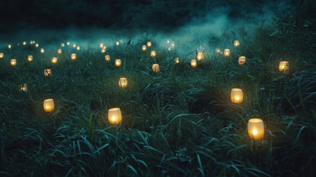 A serene meadow comes alive at night with soft-lit lanterns casting a warm glow across the fog-kissed grass, creating an enchanting and mystical atmosphere.の素材