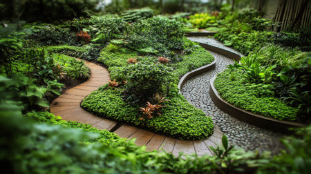 Discover a tranquil urban garden featuring winding pathways lined with lush greenery and vibrant flora, perfect for relaxation and peace.の素材