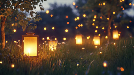 This enchanting image captures glowing lanterns in a tranquil evening setting, surrounded by lush grass and twinkling fireflies, inspiring serenity and warmth.の素材