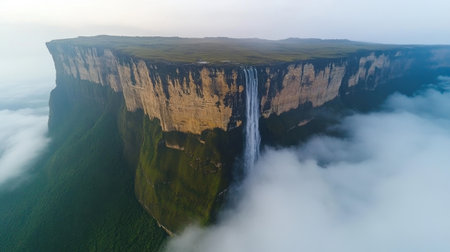 Experience the breathtaking beauty of a majestic waterfall flowing from a towering cliff, surrounded by verdant greenery and swirling mist, showcasing nature's grandeur.の素材