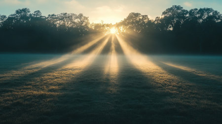 A stunning early morning scene featuring gentle sun rays filtering through mist and towering trees, creating a peaceful atmosphere in an open field.の素材