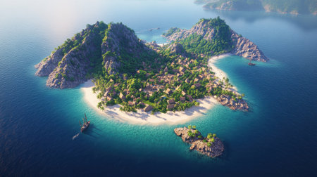 Experience the beauty of a tranquil tropical island featuring lush greenery, clear waters, and sandy beaches, perfect for relaxation and exploration.の素材