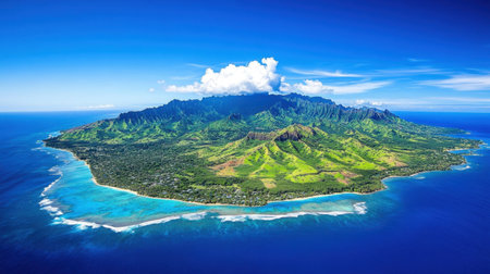 A stunning aerial view captures a remote island surrounded by vibrant turquoise waters and lush greenery under a bright blue sky. Ideal for travel and nature themes.の素材