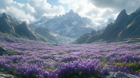 A stunning mountain landscape showcasing a valley filled with vibrant purple flowers under a bright blue sky with fluffy clouds. The majestic peaks rise dramatically in the background, creating a serene and picturesque outdoor scene perfect for nature lovers and adventurers.の素材
