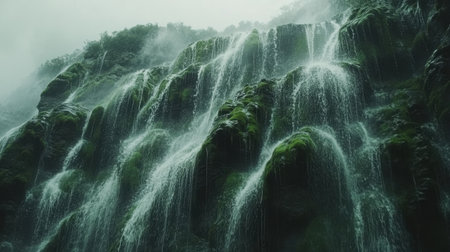 Experience the serene beauty of a magnificent waterfall cascading over vibrant green rocks amidst a misty forest, creating a tranquil natural landscape.の素材