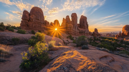 Experience the breathtaking beauty of a sunrise illuminating majestic rock formations in an arid landscape, surrounded by vibrant skies and tranquility.の素材