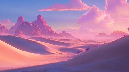 This striking desert landscape features majestic mountains illuminated by a colorful dusk sky, creating a serene and tranquil scene perfect for nature lovers.の素材