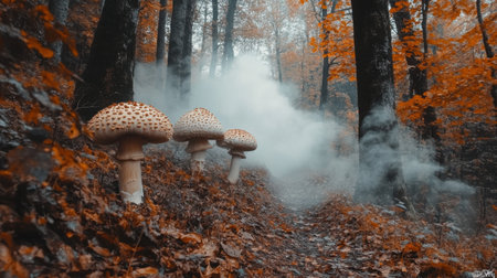 A captivating scene showcasing a forest path adorned with large mushrooms, hazy fog, and vibrant autumn leaves, creating a magical atmosphere.の素材