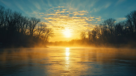 A breathtaking view of a sunrise illuminating a misty river, with golden reflections and silhouetted trees creating a serene and peaceful atmosphere.の素材