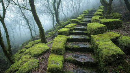 Discover a tranquil scene of moss-covered stone steps leading through a misty forest. The lush greenery and soft light create a serene atmosphere.の素材